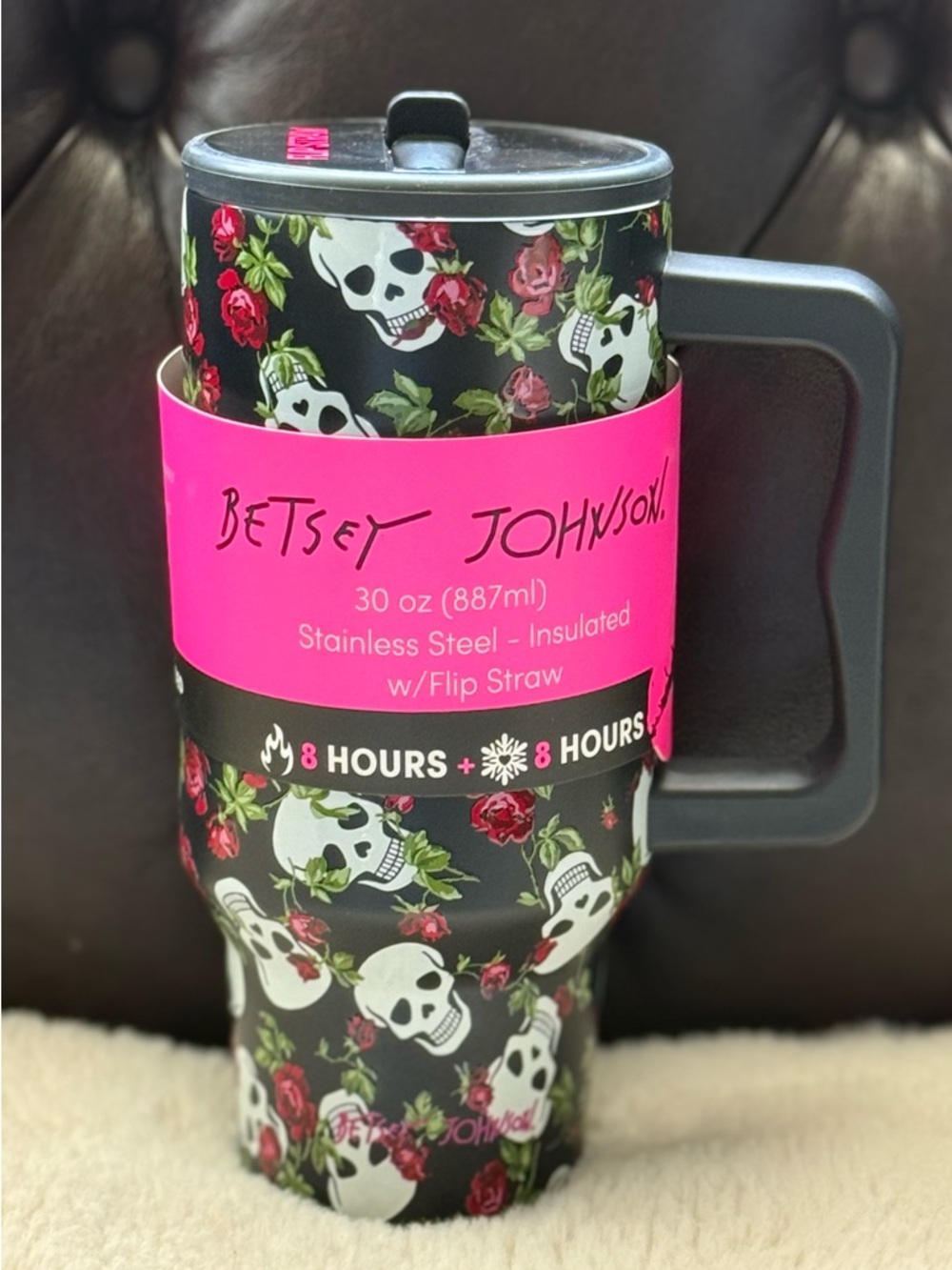 Betsey Johnson Skull & Rose Stainless Steel Travel Mug - 30 oz. NEW